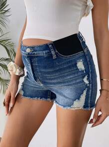 SHEIN Maternity Blue Stretchy Distressed Denim Shorts, Summer - Blue - View 1