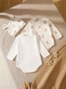 Newborn Baby 2pcs Cute Bear Print Long Sleeve Bodysuit With Hat And Mittens, White Background - Multicolor - View 2