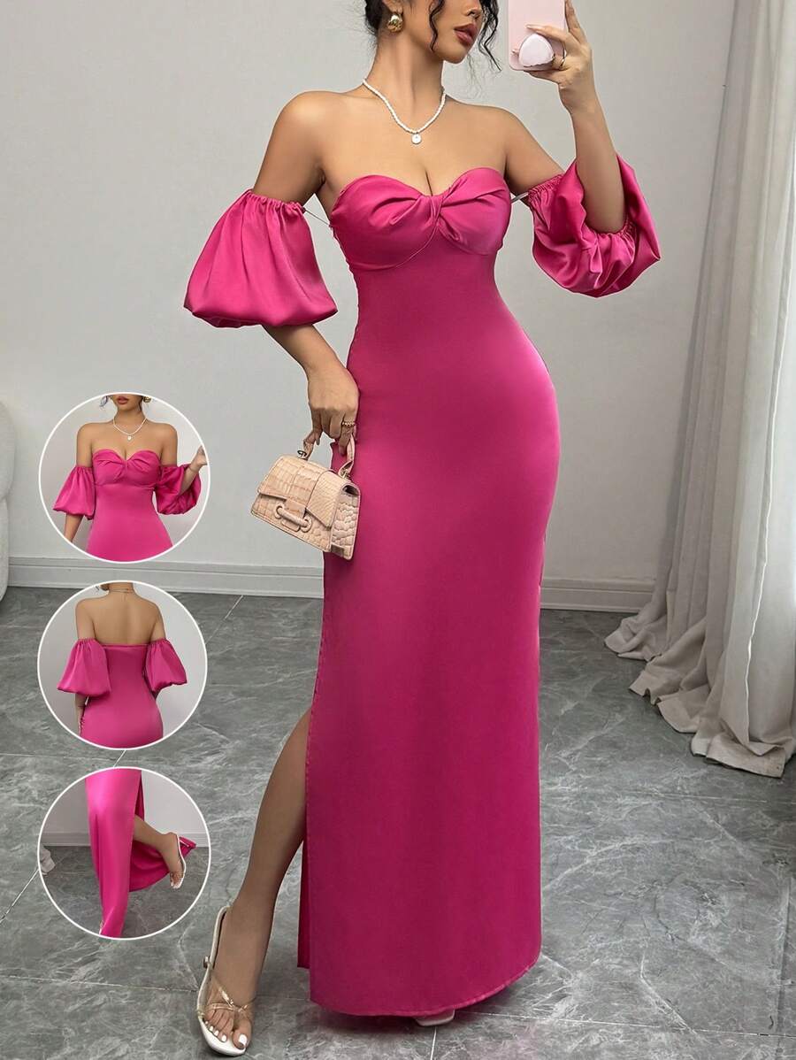 Rafferiza Elegantes figurbetontes ärmelloses Satin-Kleid mit Twist-Detail an der Front, Laternenärmeln und Fishtail-Saum, Rosenrot, Frühling/Sommer - Pink - Übersicht 1