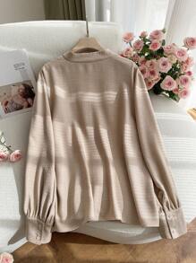 SHEIN Frenchy Plus Size Women Elegant Casual Solid Color Long Sleeve Blouse - Apricot - View 2