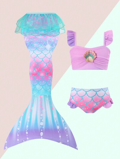 SHEIN 3pcs Young Girl Swimwear Set, Cute Fish Scale Print, Shell Decor Mermaid Tail Bikini Outfit