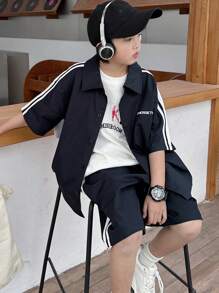 DAZY Tween Boy Casual Minimalist Zip-Up Top And Shorts 2 Pieces Set, Daily Wear - Navy Blue - View 2