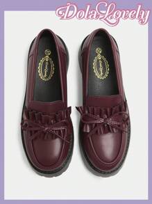 Dola Lovely 女士棕色可爱简约百搭洛丽塔厚底平底鞋 - 酒紅色 - 查看 7