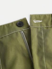 SHEIN Teen Girls 2pcs Set: Off Shoulder Simple Fitted T-Shirt & Olive Green Loose Cargo Pants, Outfit - Army Green - View 8