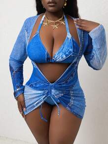 SHEIN Swim Curve 1Set Plus Size Women 3pcs Halter 3-Tier Cup Split Style Denim Effect Print Slim Sexy Tankini, Backless Swimwear For Summer Beach Vacation - Multicolor - View 1