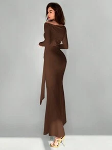 Aloruh Elegant Off-Shoulder Metal Bow Decor Long Dress For Women,Tea Party Dress