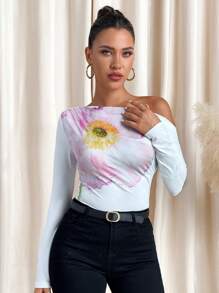 Lavishia Camiseta de manga larga con hombros abiertos, ajustada y fruncida con estampado floral, elegante y casual para primavera/verano