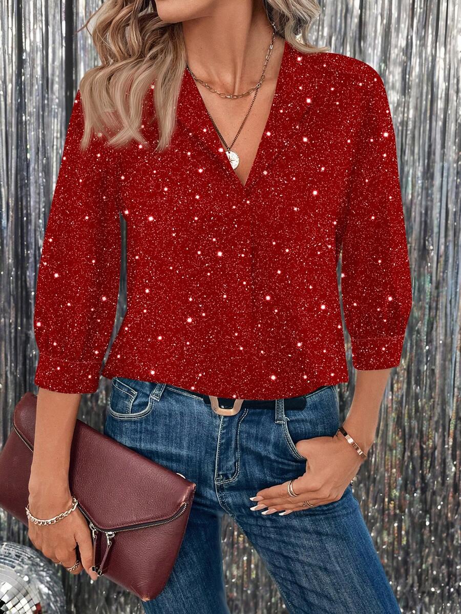 SHEIN LUNE Blusa casual de mujer con estampado de estrella, apta para uso en la oficina, para otoño/invierno - Rojo - Ver 1