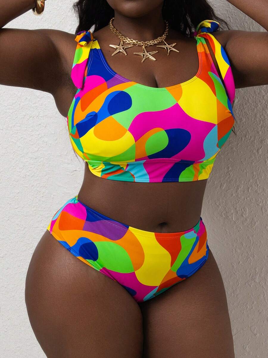 Slaydiva Bikini mùa hè cỡ lớn cho nữ 2 mảnh in hình học buộc dây phía trước thời trang thường ngày - Nhiều màu - Xem 1