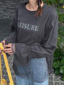 FRIFUL Women Oversized Grey Letter Print T-Shirt With Mesh Patchwork, Spring,Fall Clothes Long Sleeve Women Tops - Grey - View 4