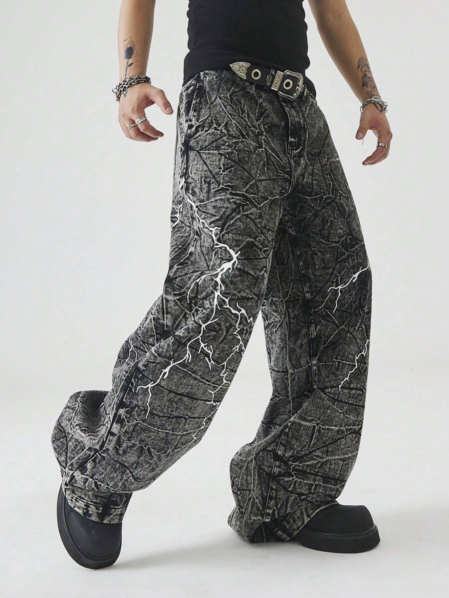 Manfinity EMRG Men's Fashion Vintage Washed Denim Jeans - Black - View 1