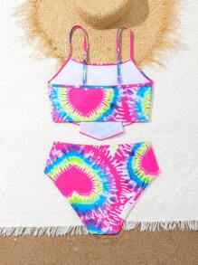 Teen Girl Tie Dye Heart Print Ruffled Tankini Swimwear Set,Popular Teenn Bathing Suits - Multicolor - View 2