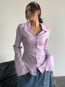 Flirla Women Front Button Long Sleeve Striped Casual Shirt, Everyday Wear Fall Cloth For Women - Purple - View 4