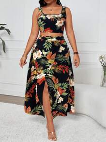 Breezaya Plus Size 2 Pieces Set: Elegant Vintage Style Sleeveless Tank Top & High Waist Slit Maxi Dress With Random Floral Print, Versatile Separates For Summer, Graduations, Holidays, Parties, Gatherings