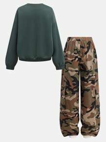 SHEIN Tween 女童超大图案印花 V 领长袖运动衫和迷彩工装裤 2 件套 - 彩色 - 查看 2