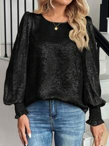 SHEIN LUNE Women's Gold Foil Round Neck Lantern Sleeve Blouse - Black - View 5
