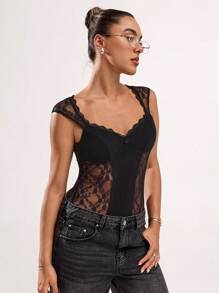 SHEIN BAE Elegant Sexy Solid Color Lace Patchwork Bodysuit - Black - View 3