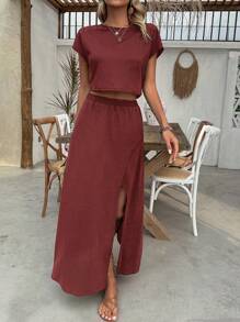 SHEIN LUNE Women Summer Solid Color Round Neck Top + Thigh-High Split Skirt Two-Piece Set - Redwood - View 4