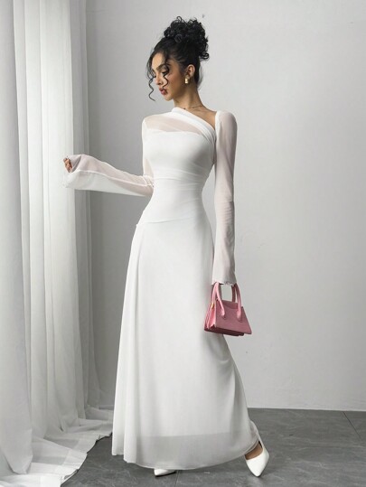 Siren Gaze Women's Solid Color Mesh Patchwork Asymmetrical Collar Long Sleeve Elegant Dress For Wedding,Tea Party Dress,White Graduation Dress Winter New Year