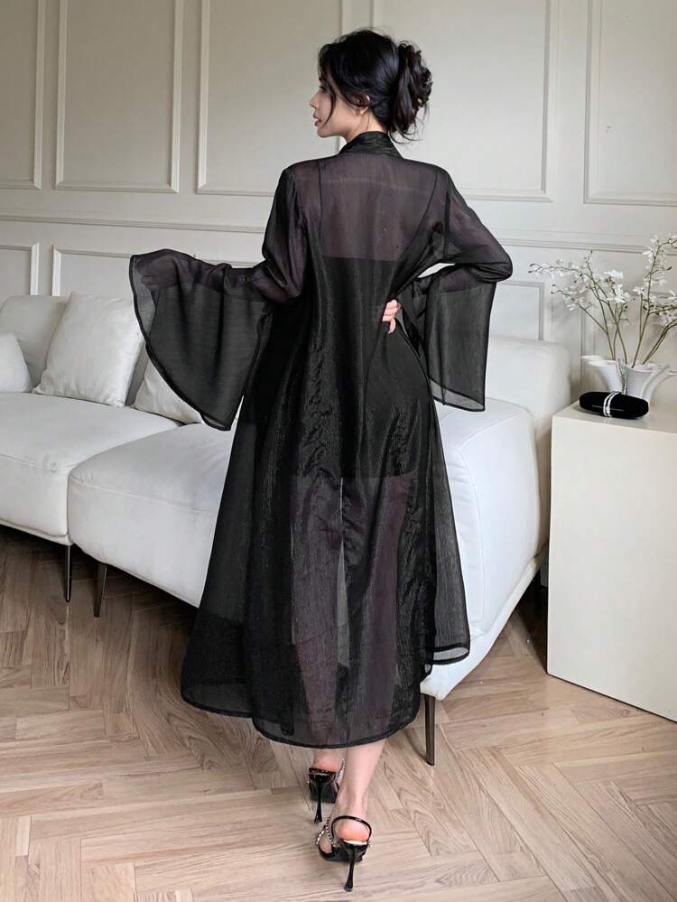 Plain Ruffle Sleeve Mid-Long Length Elegant Women's Shirt,Fall Women Clothes Long Sleeve Top
