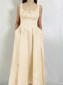 SHEIN Privé Women's Romantic Red Square Neck Long Dress - Apricot - View 8