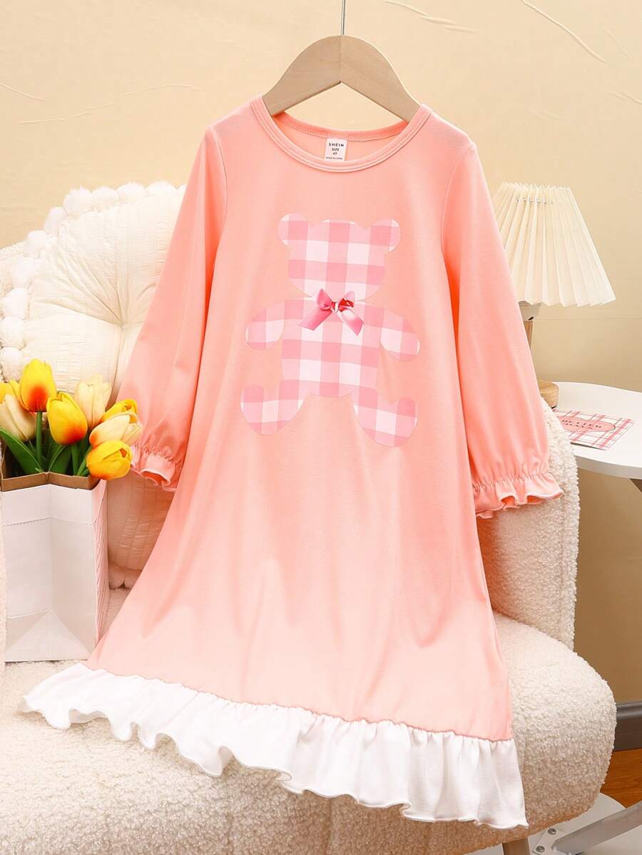 Young Girls Sleepwear Set With Bear, Bowknot, Pink Plaid Pattern, Ruffles Trim, Long Sleeves And White Hem Ruffle - Dusty Pink - View 1