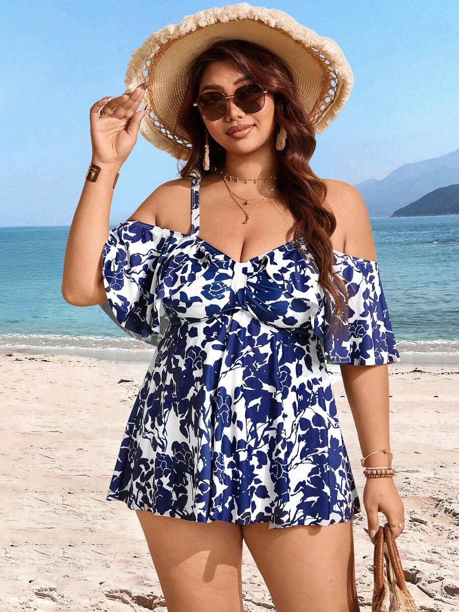 SHEIN Swim Summer Plus Size Random Print Cold Shoulder Adjustable Strap 2pcs Modest & Fashionable Tankini Swimwear - Multicolor - View 1