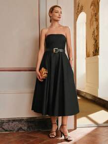 Anewsta Elaire 女式高腰金属腰带优雅中长连衣裙，复古时尚，朴素服饰 - 黑色 - 查看 3