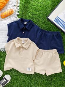 SHEIN 2 件装男婴/女婴装饰按扣针织柔软连帽上衣和松紧腰短裤套装