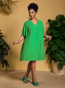 Slaydiva 新款复活节/西部优雅休闲/商务休闲女式短袖雪纺V领宽松荷叶袖连衣裙 - 綠色 - 查看 6