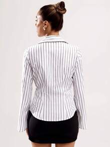 SHEIN BAE 女士春秋条纹正式喇叭袖长袖翻领衬衫适合通勤休闲装、办公室正装、日常出游、外出 - 彩色 - 查看 2