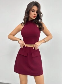 SHEIN Privé Bộ trang phục gợi cảm cổ điển thanh lịch mùa xuân/hè mới của lễ hội, bao gồm áo crop top cổ yếm màu đỏ tía và chân váy ngắn chữ A cạp cao, phong cách ngày lễ tình nhân năm mới sành điệu - Màu Đỏ Sâu - Xem 2