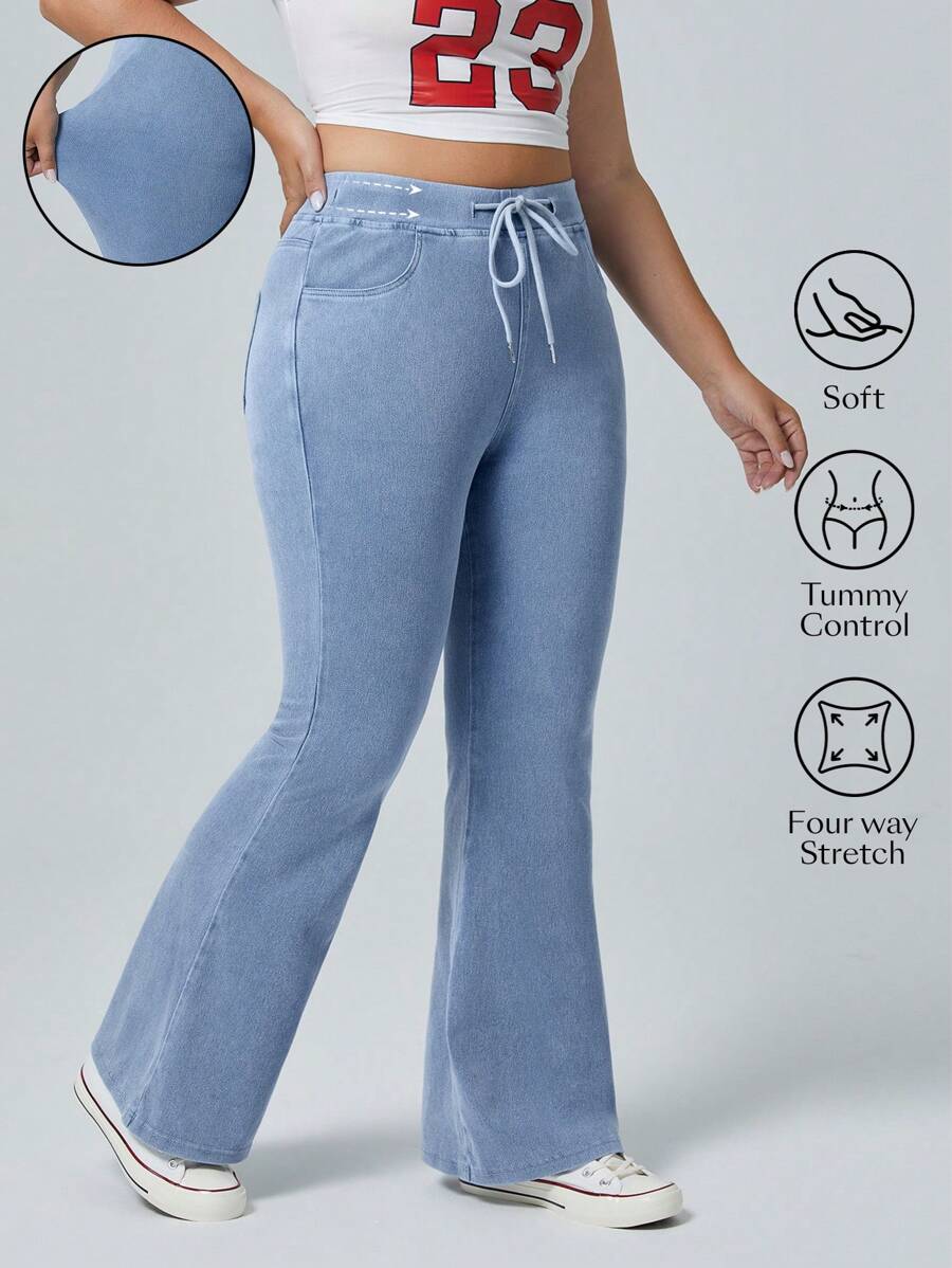 Flexra Drawstring Waist Multi-Pocket Elastic Jersey Stretchy Knit Casual Flare Jeans Apple Bottom Jeans - Light Wash - View 1