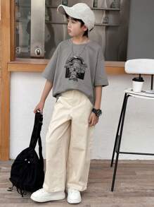 DAZY 2pcs Tween Boys Set: Letter Print Round Neck Drop Shoulder Tee And Pants,Back To School Clothes