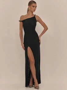 MUSERA Asymmetrical Shoulder Side Split Maxi Dress Spring Wedding Guest, Graduation, Elegant, Ibiza Holiday Beach  Party Elegant  Chic - Black - View 3