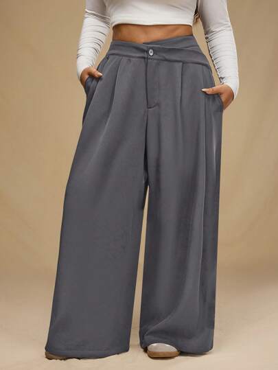SHEIN Forever 21 Plus Size Women's Gray High-Waisted Wide Leg Dress Pants With Pockets