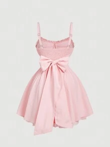 SHEIN MOD 大码女式蕾丝拼接蝴蝶结后背短裙，粉色可爱蝴蝶结吊带蕾丝花边吊带裙情人节度假装女士生日连衣裙， - 粉色 - 查看 2