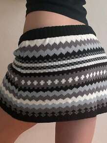 INAWLY 女士波浪条纹系腰短款针织毛衣裙 - 彩色 - 查看 2
