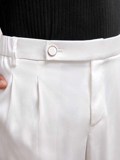 AKNOTIC Party 男士白色金属纽扣松紧腰编织修身长款中腰锥形休闲九分裤，适合日常穿着、婚礼、春夏季