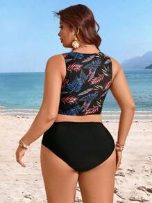Swim Lushoire Plus Size 2 Pieces Tropical Leaf Random Print Round Neck Sleeveless Bowknot Crop Top & High Waist Solid Color Breif Tankini Set, For Summer Vacation - Black - View 2