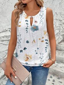Breezaya Women's Spring/Summer Holiday Casual Embroidered Jacquard Jacquard Keyhole Neck Sleeveless Tank Top - White - View 6