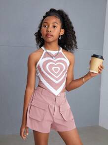 SHEIN SLAYR KIDS Tween Girl Street-Style Heart Print Halter Top And Shorts Set - Dusty Pink - View 4