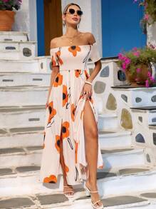 Vivid Eden Valentine's Day Holiday Out Dating, Shopping, Go To School, Work Women's Dress, Women's Off-The-Shoulder High Slit Big Bottom Print Dress, Romantic Holiday Style - Multicolor - View 4