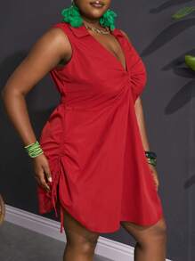Slaydiva Elegant & Casual & Commuting & Party & Date Sexy Fitted Solid Rust Red Sleeveless Plunging Shirred Twist Side Drawstring Waist Women Plus Size Mini Shirt Dress