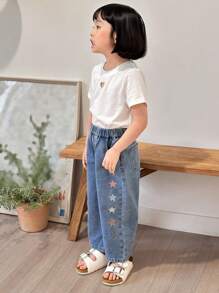 Dazy Kids Young Girl Star Embroidery Jeans For Spring - Blue - View 6