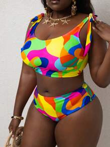 Slaydiva Bikini mùa hè cỡ lớn cho nữ 2 mảnh in hình học buộc dây phía trước thời trang thường ngày - Nhiều màu - Xem 5