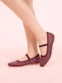 CUCCOO DOLLMOD Fashionable Wine Red Rhinestone Mesh Burgundy Mary Jane Flats, Cute & Sweet For School Students Valentine's Day