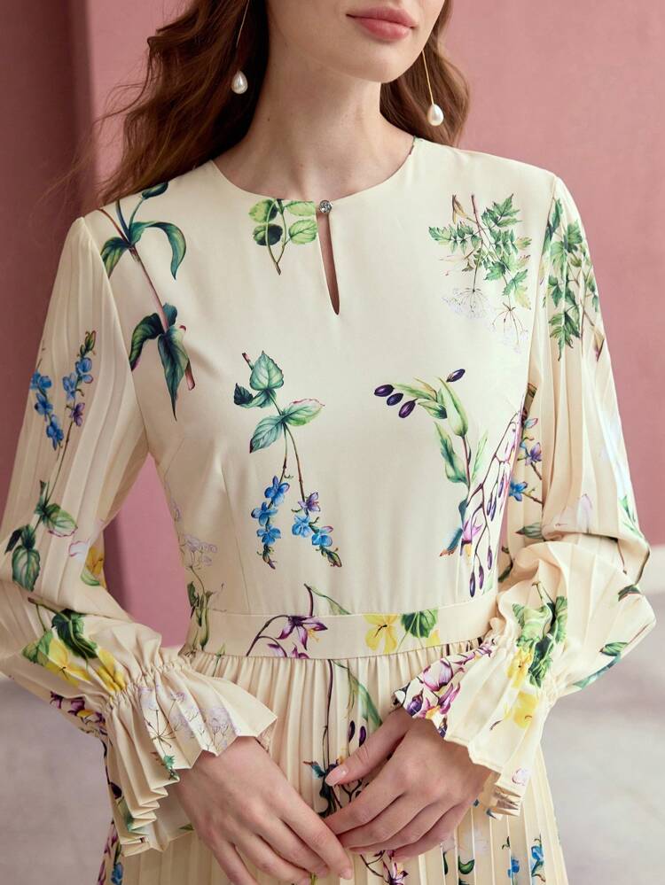 FLORAL PRINT PLEATED DRESS, LONG SLEEVES, ELEGANT STYLE,SPRING/SUMMER
