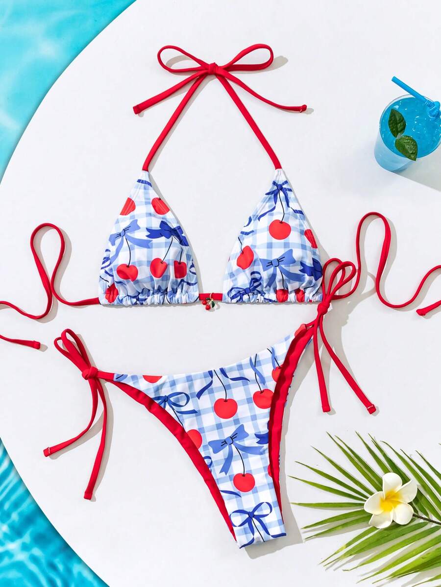 SHEIN Swim 2pcs Women's Summer Beach Vacation Cute Girl Style Cherry Print Halter Triangle Bikini Top And Side Tie Triangle Bikini Bottom Swimwear Set (Purchased Copyright)