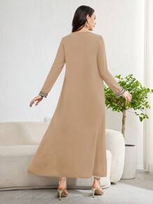 Al Najma Women's Casual Arabic Style Patchwork Ribbons Long Sleeve Dress,Modest - Khaki - View 2